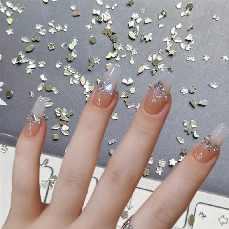 Sevgob 1000PCS Silver Mini Rhinestones Nail Art Charms Multi Shape Crystal Flat Back Nail Gems 3D Moon Heart Star Flower Nail Diamonds Kawaii Nail Crafts Acrylic Nail Rhinestone for Women Girls DIY Manicure - Image 4
