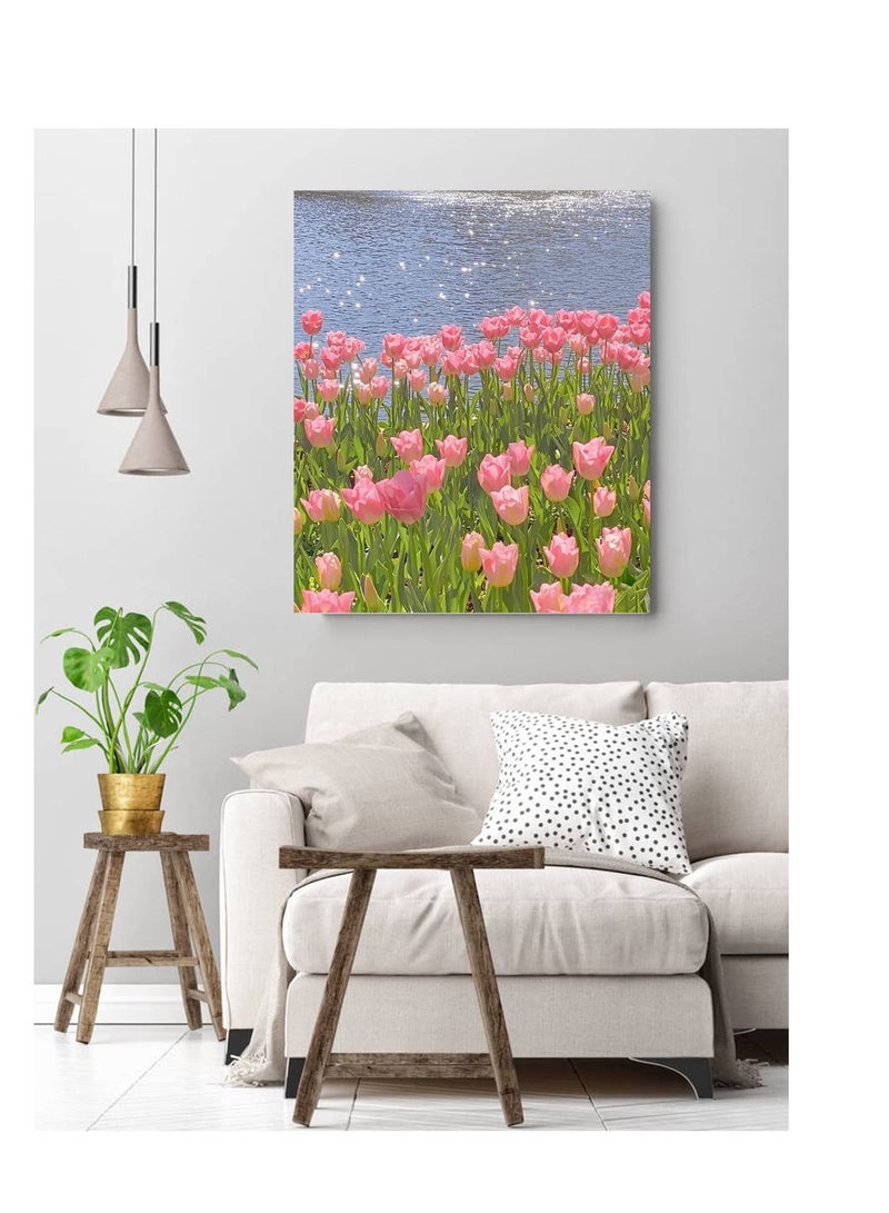 KASTWAVE Paint by Numbers for Adults Beginner and Kids Number Flowers Rolled Wrinkle Free Canvas DIY Oil Painting Kit Pink Tulips Without Frame - Image 3