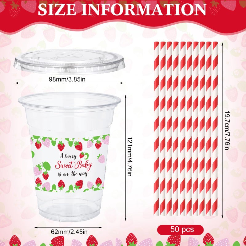 Funnymoom 50 Sets Strawberry Disposable Plastic Cups with Straws Lids a Berry Sweet Baby Is on the Way 16 oz Strawberry Flower Clear Cups for Berry Birthday Baby Shower Summer Fruit Party - Image 1