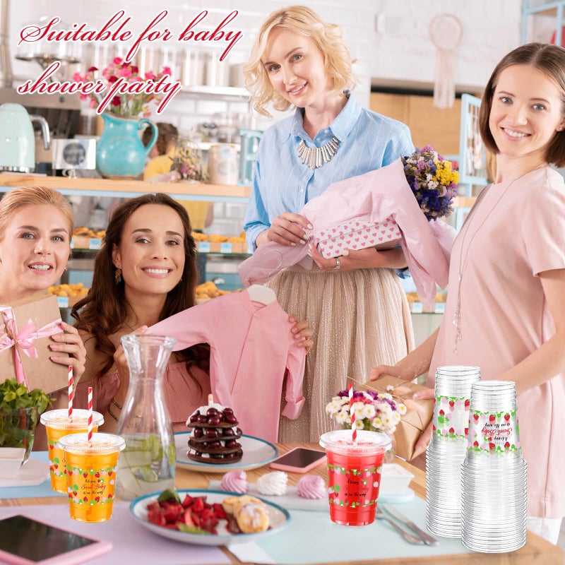 Funnymoom 50 Sets Strawberry Disposable Plastic Cups with Straws Lids a Berry Sweet Baby Is on the Way 16 oz Strawberry Flower Clear Cups for Berry Birthday Baby Shower Summer Fruit Party - Image 4