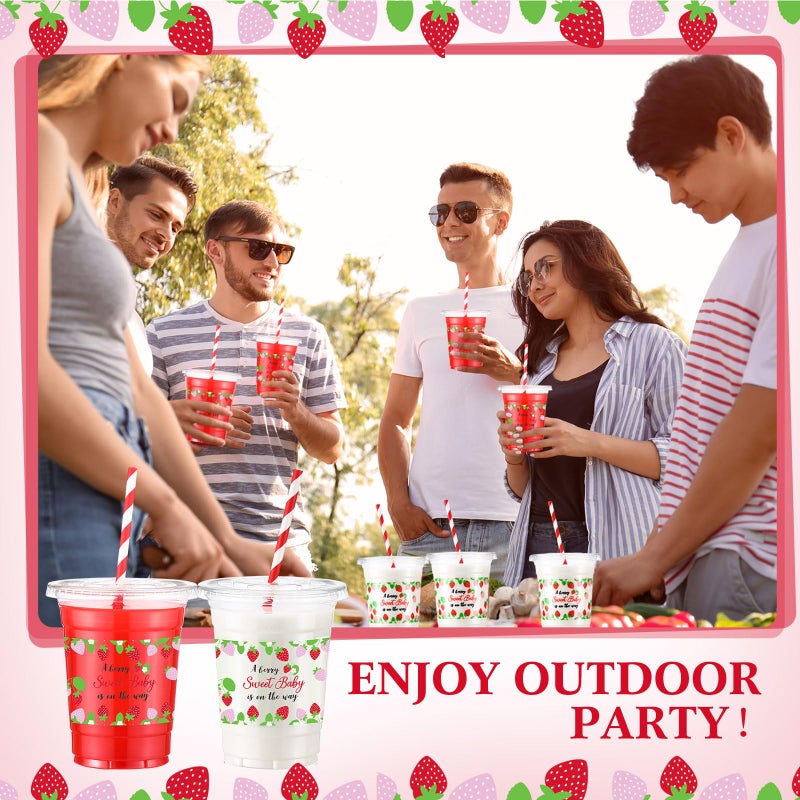 Funnymoom 50 Sets Strawberry Disposable Plastic Cups with Straws Lids a Berry Sweet Baby Is on the Way 16 oz Strawberry Flower Clear Cups for Berry Birthday Baby Shower Summer Fruit Party - Image 3