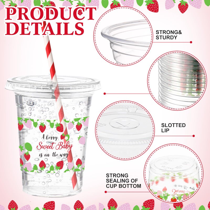 Funnymoom 50 Sets Strawberry Disposable Plastic Cups with Straws Lids a Berry Sweet Baby Is on the Way 16 oz Strawberry Flower Clear Cups for Berry Birthday Baby Shower Summer Fruit Party - Image 2