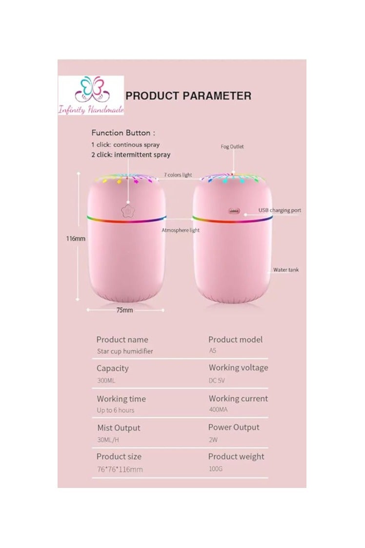 Enjoy a refreshing and calming atmosphere with the elegant groove-light design H2O diffuser, featuring a USB connection, in pink color. - Image 3