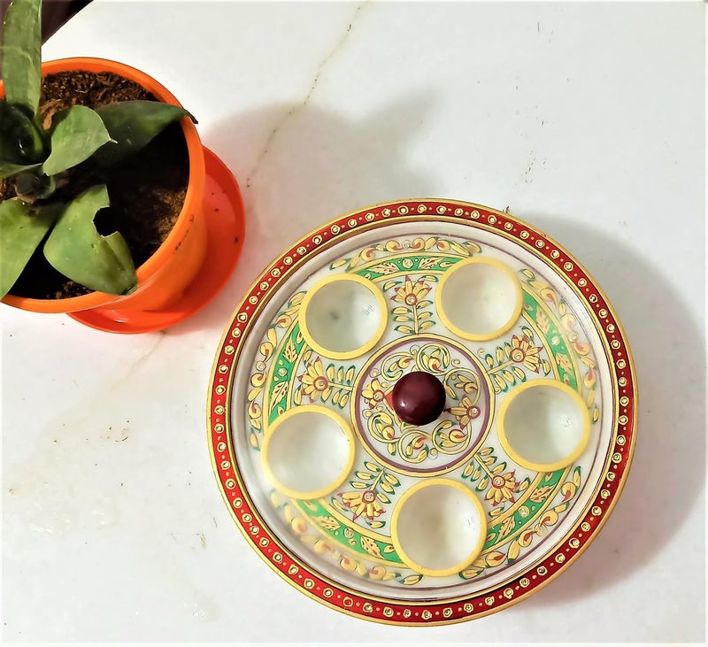 RM RM Marble Revolving Dry Fruit Tray Kundan Studded and Meenakari Work with 5 Container Box and Individual Lid with for Dining and Drawing Room for Traditional Decor Best Gift Multicolour  - Image 1