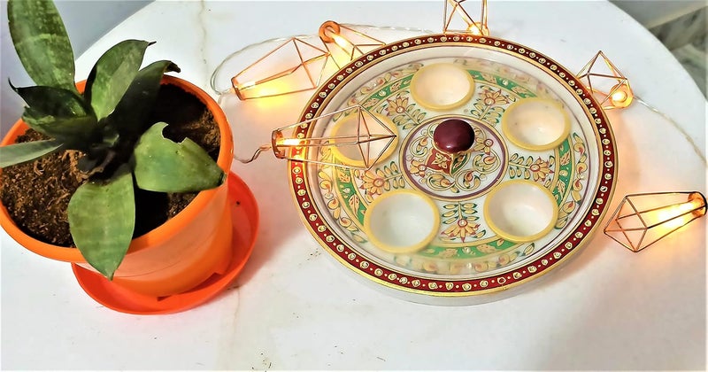 RM RM Marble Revolving Dry Fruit Tray Kundan Studded and Meenakari Work with 5 Container Box and Individual Lid with for Dining and Drawing Room for Traditional Decor Best Gift Multicolour  - Image 2