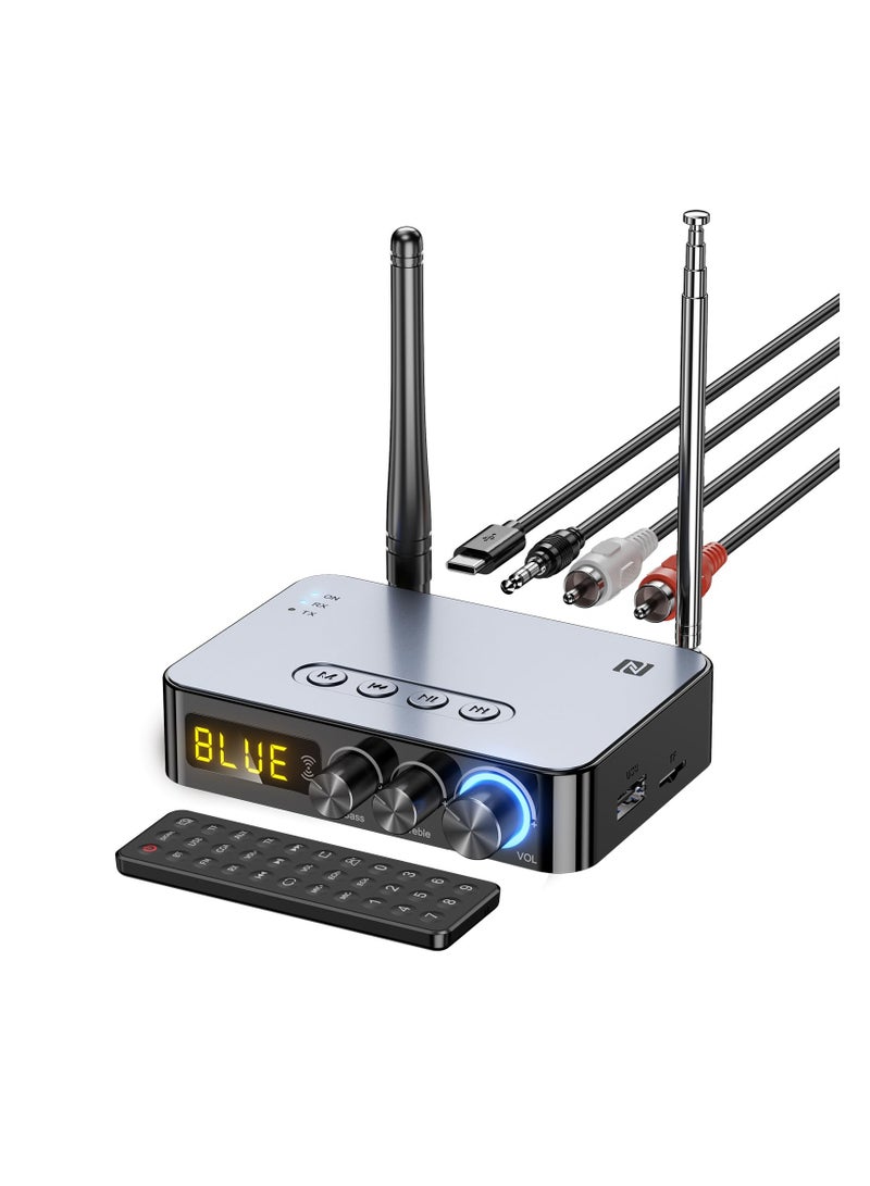 Bluetooth 5.1 Receiver for Home Stereo, 4-in-1 (with Remote) for Home Stereo TV, HiFi Wireless Audio Adapter with 3.5mm AUX, RCA, 6.5mm Mic Connection, FM Radio, Low Latency NFC Audio Adapter - Image 1