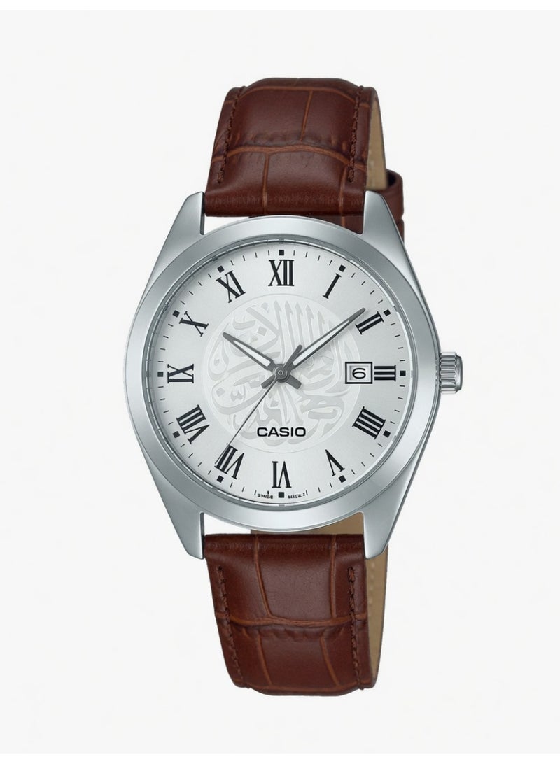 Casio Men's Analog Watch with Arabic Calligraphy Dial and Brown Leather Strap - MTP-V002L-7B2