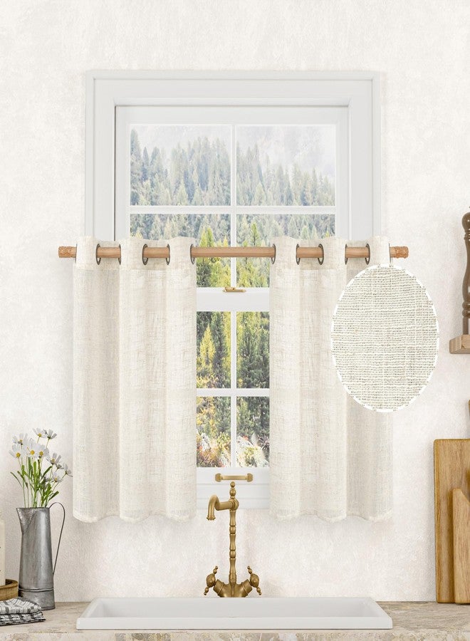 LAMIT Short Linen Kitchen Curtains 36 Inch Length for Windows, Cream Ivory Semi Sheer Light Filtering Panels Bronze Grommet Small Window Drapes for Cafe/Basement, Natural, 2 Panels, 34 x 36 Inch - Image 1