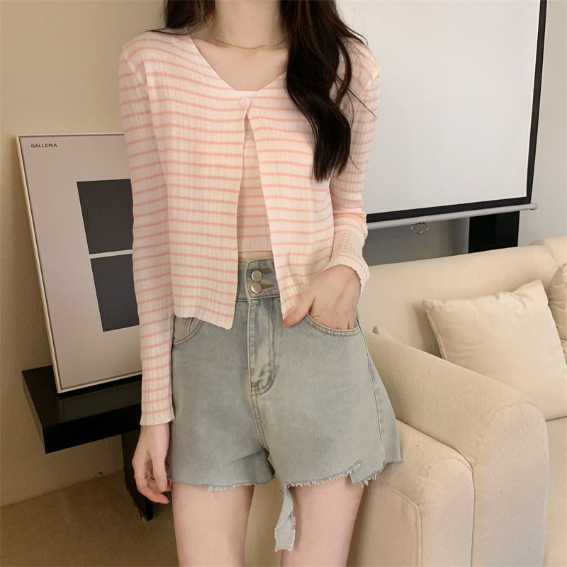 2023 Summer Chic Knit Stripe Jumpsuit and Cardigan Set Pink  - Image 1