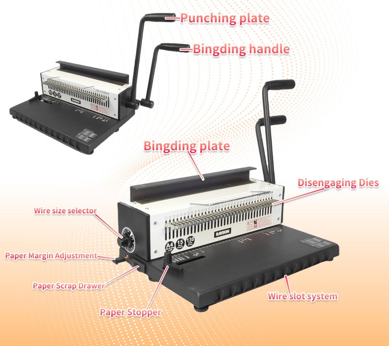 Rayson TD-1500B34 Binding Machine, Square Size Holes, 3:1 Pitch Wire-O Binder Punch 15 Sheets/Bind 130 Sheets with Sturdy Metal Construction - Image 2