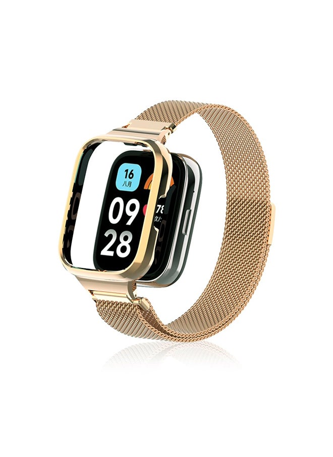 O Ozone - Milanese Stainless Steel Band For Redmi Watch 3 Lite Xiaomi Mi Watch 3 Lite, Metal Mesh Magnetic loop with Metal Protector Case for Women Men- Gold - Image 1