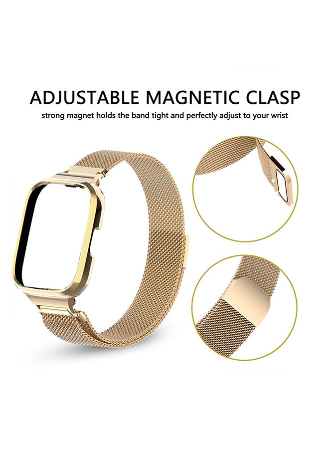 O Ozone - Milanese Stainless Steel Band For Redmi Watch 3 Lite Xiaomi Mi Watch 3 Lite, Metal Mesh Magnetic loop with Metal Protector Case for Women Men- Gold - Image 1