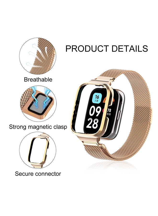 O Ozone - Milanese Stainless Steel Band For Redmi Watch 3 Lite Xiaomi Mi Watch 3 Lite, Metal Mesh Magnetic loop with Metal Protector Case for Women Men- Gold - Image 1