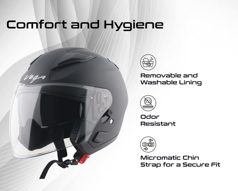 Vega VO 03 Swift Dual Visor Open Face Riding Helmet with Matte Shock-Absorbing Shell, Comfortable Interior, Ventilated Fit, Trendy Dull Black Finish Dull Black M - Image 4