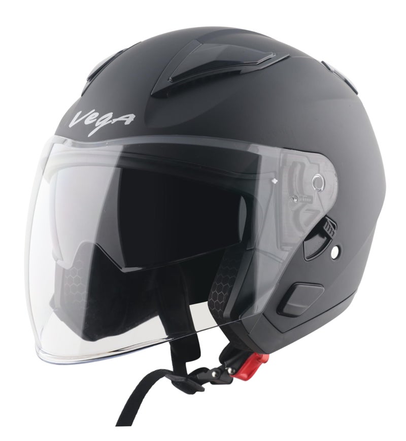 Vega VO 03 Swift Dual Visor Open Face Riding Helmet with Matte Shock-Absorbing Shell, Comfortable Interior, Ventilated Fit, Trendy Dull Black Finish Dull Black M - Image 1