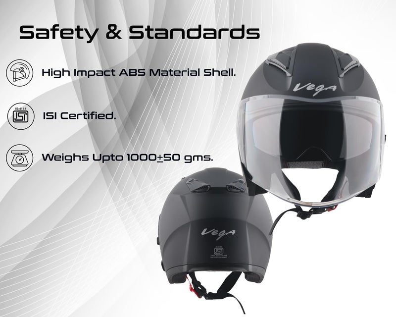 Vega VO 03 Swift Dual Visor Open Face Riding Helmet with Matte Shock-Absorbing Shell, Comfortable Interior, Ventilated Fit, Trendy Dull Black Finish Dull Black M - Image 3