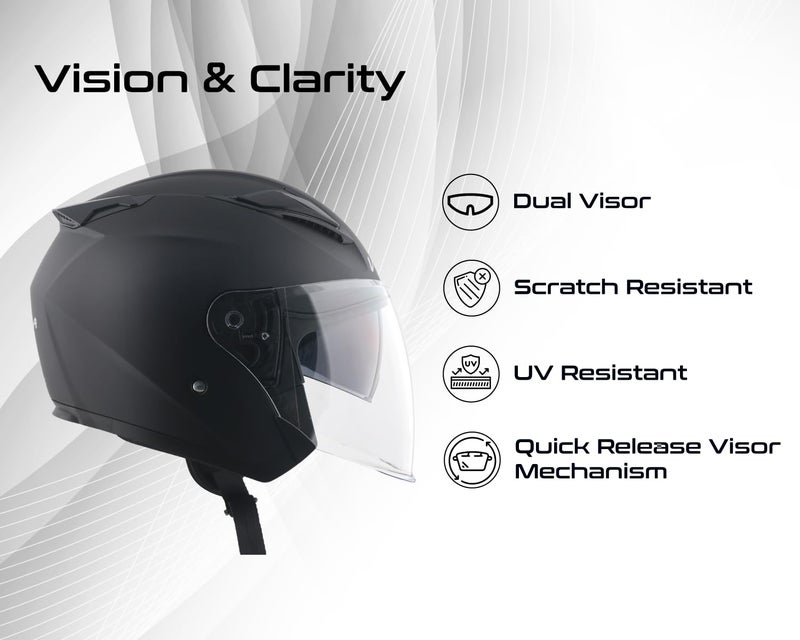 Vega VO 03 Swift Dual Visor Open Face Riding Helmet with Matte Shock-Absorbing Shell, Comfortable Interior, Ventilated Fit, Trendy Dull Black Finish Dull Black M - Image 5