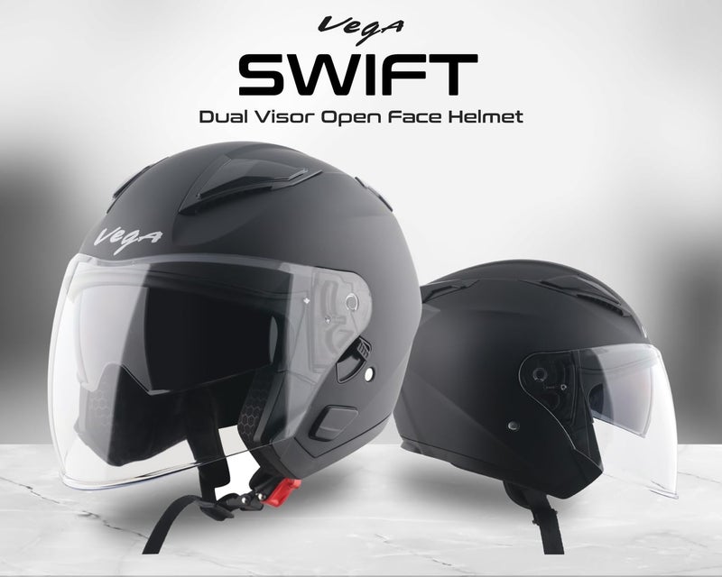 Vega VO 03 Swift Dual Visor Open Face Riding Helmet with Matte Shock-Absorbing Shell, Comfortable Interior, Ventilated Fit, Trendy Dull Black Finish Dull Black M - Image 2