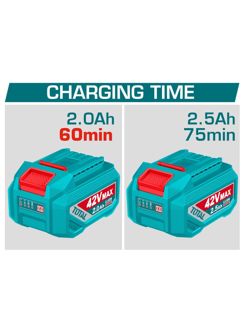 توتال شاحن بطارية ليثيوم أيون 42 فولت من توتال (2 أمبير)، شاحن سريع 220-240 فولت لأدوات توتال الكهربائية من سلسلة P42M، محطة شحن سريعة مزودة بمؤشر LED - Image 2