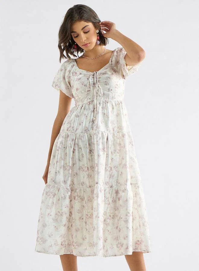 Splash FAV Floral Print Tiered Dress with Sweetheart Neck and Short Sleeves