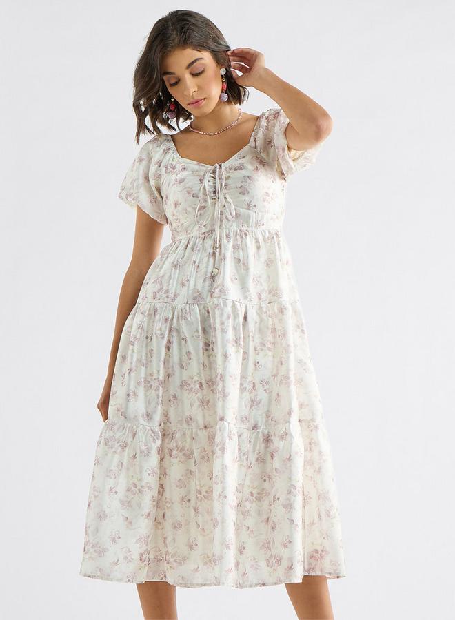 Splash FAV Floral Print Tiered Dress with Sweetheart Neck and Short Sleeves - Image 1