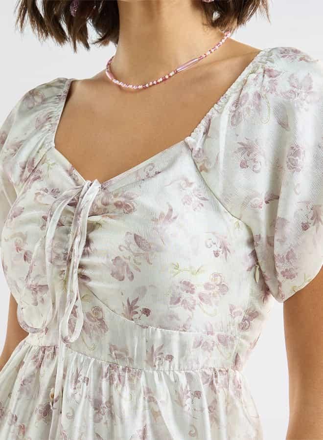 Splash FAV Floral Print Tiered Dress with Sweetheart Neck and Short Sleeves - Image 4