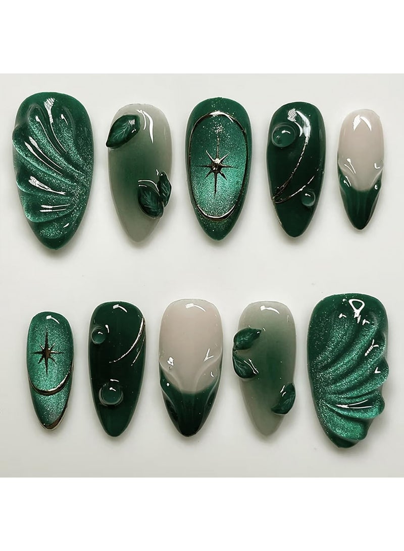 Umiwin 24 Pcs Green Press on Nails Medium Almond, Glossy 3D Leaf & Ripple Design Fake Nails, Full Cover Reusable Handmade Stick on Nails for Women DIY Manicure - Image 2