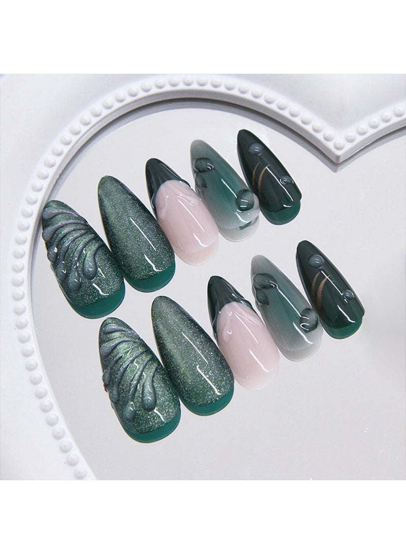 Umiwin 24 Pcs Green Press on Nails Medium Almond, Glossy 3D Leaf & Ripple Design Fake Nails, Full Cover Reusable Handmade Stick on Nails for Women DIY Manicure - Image 5
