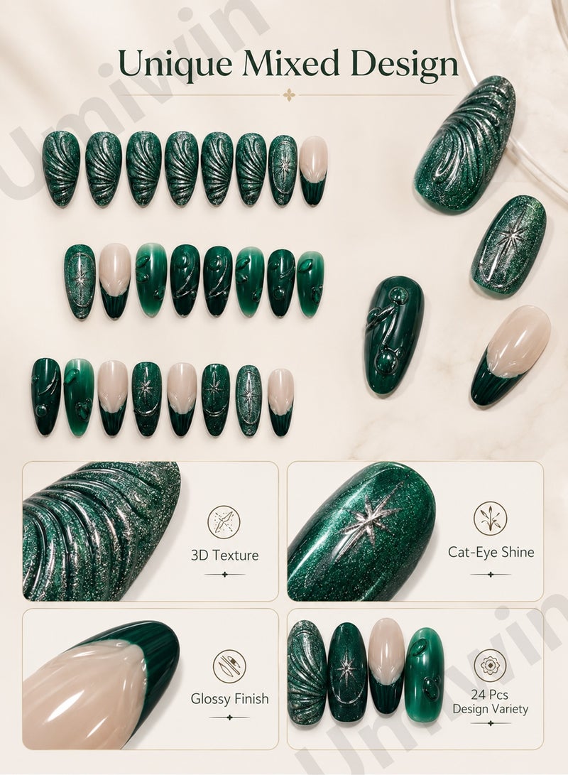 Umiwin 24 Pcs Green Press on Nails Medium Almond, Glossy 3D Leaf & Ripple Design Fake Nails, Full Cover Reusable Handmade Stick on Nails for Women DIY Manicure - Image 4