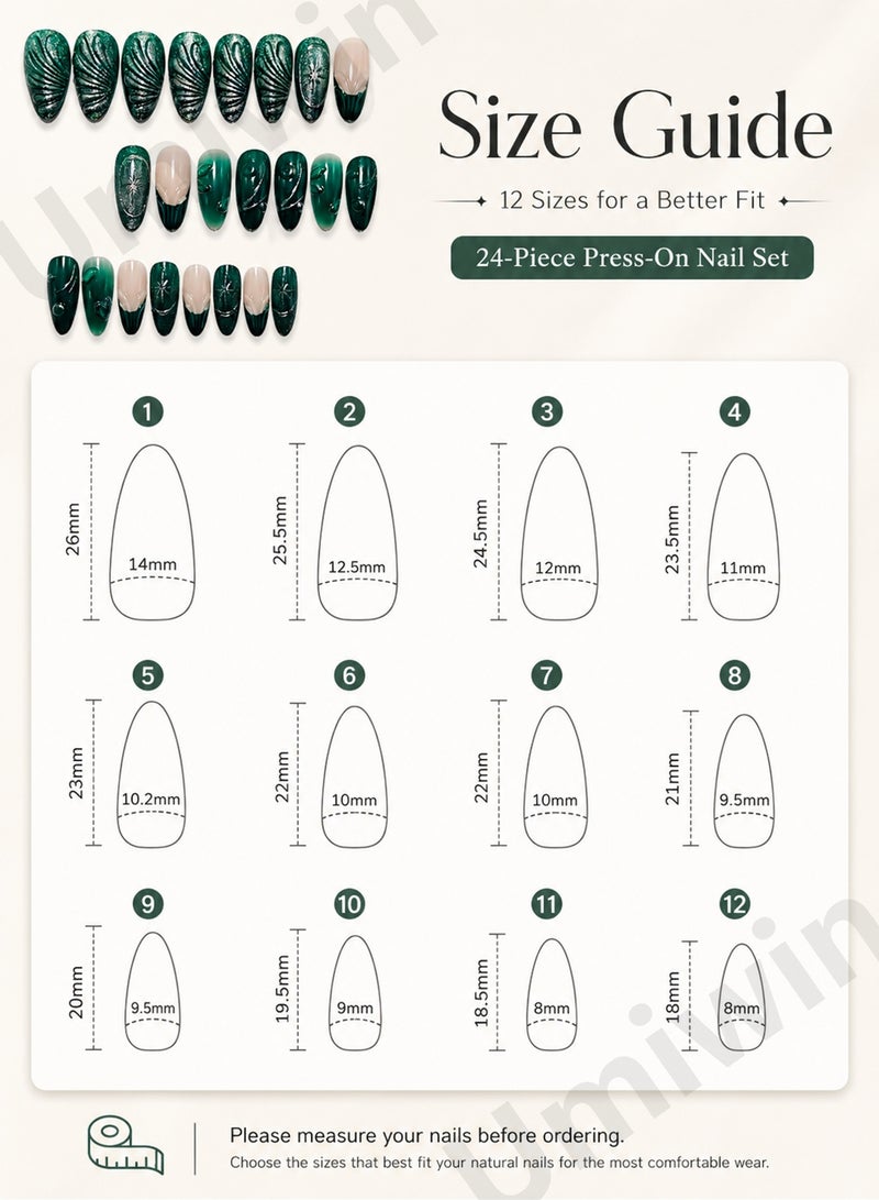 Umiwin 24 Pcs Green Press on Nails Medium Almond, Glossy 3D Leaf & Ripple Design Fake Nails, Full Cover Reusable Handmade Stick on Nails for Women DIY Manicure - Image 3