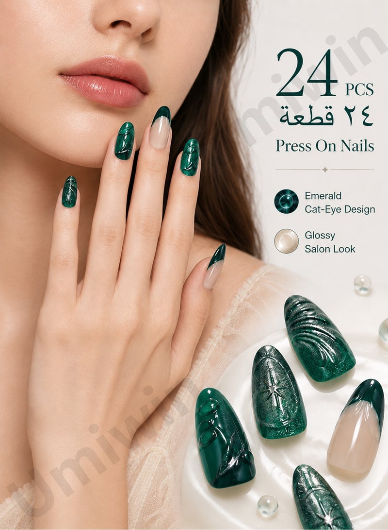 Umiwin 24 Pcs Green Press on Nails Medium Almond, Glossy 3D Leaf & Ripple Design Fake Nails, Full Cover Reusable Handmade Stick on Nails for Women DIY Manicure - Image 1