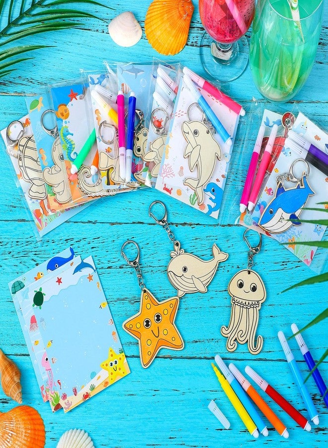 Trnayi 84 Pcs/12 Sets Under The Sea Party Favors Ocean Animals Unfinished Wooden Keychains Sea Life Gifts Coloring Birthday Unfinished Wood Painting DIY Crafts for Birthday Goodie Bags Prizes - Image 3