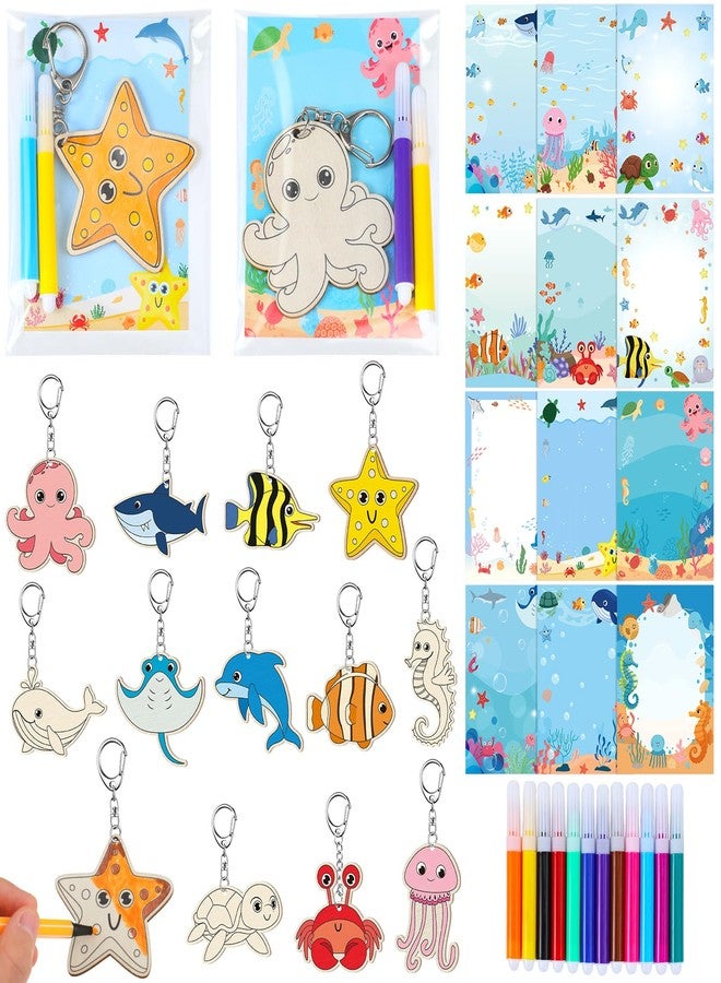 Trnayi 84 Pcs/12 Sets Under The Sea Party Favors Ocean Animals Unfinished Wooden Keychains Sea Life Gifts Coloring Birthday Unfinished Wood Painting DIY Crafts for Birthday Goodie Bags Prizes - Image 1