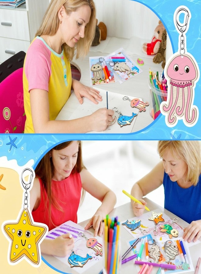 Trnayi 84 Pcs/12 Sets Under The Sea Party Favors Ocean Animals Unfinished Wooden Keychains Sea Life Gifts Coloring Birthday Unfinished Wood Painting DIY Crafts for Birthday Goodie Bags Prizes - Image 5