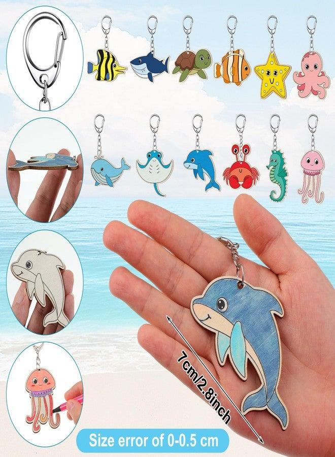 Trnayi 84 Pcs/12 Sets Under The Sea Party Favors Ocean Animals Unfinished Wooden Keychains Sea Life Gifts Coloring Birthday Unfinished Wood Painting DIY Crafts for Birthday Goodie Bags Prizes - Image 2