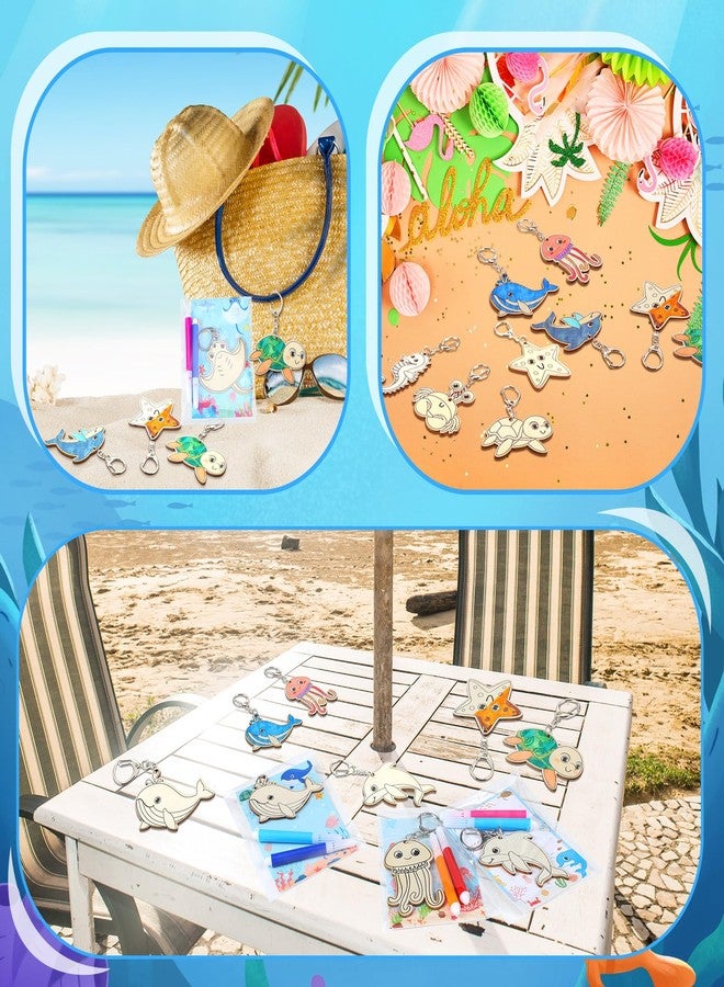 Trnayi 84 Pcs/12 Sets Under The Sea Party Favors Ocean Animals Unfinished Wooden Keychains Sea Life Gifts Coloring Birthday Unfinished Wood Painting DIY Crafts for Birthday Goodie Bags Prizes - Image 4