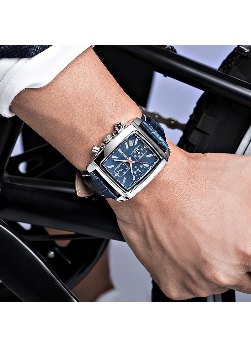 ميجر ساعة تناظرية للرجال، ساعة بسوار جلدي بمينا مستطيل، ساعة معصم كرونوغراف مضيئة للرجال، ساعة كوارتز عسكرية مريحة وخفيفة الوزن للرجال، (قطعة واحدة، أزرق) - Image 3