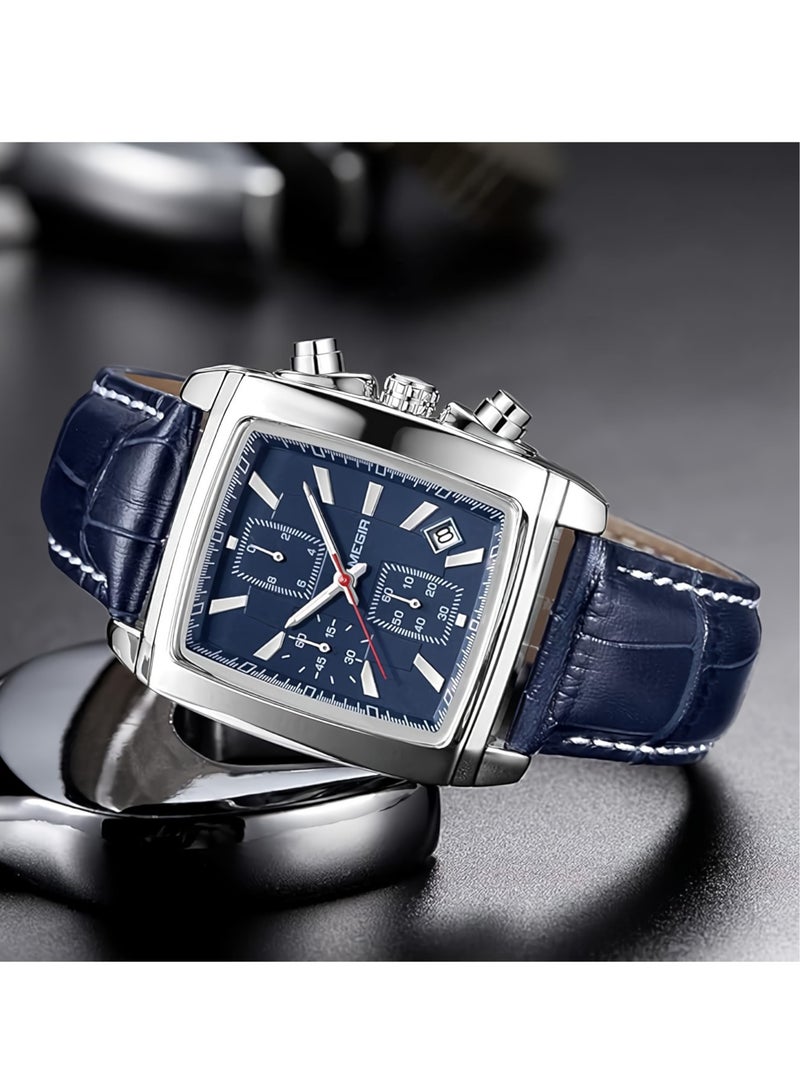 ميجر ساعة تناظرية للرجال، ساعة بسوار جلدي بمينا مستطيل، ساعة معصم كرونوغراف مضيئة للرجال، ساعة كوارتز عسكرية مريحة وخفيفة الوزن للرجال، (قطعة واحدة، أزرق) - Image 2
