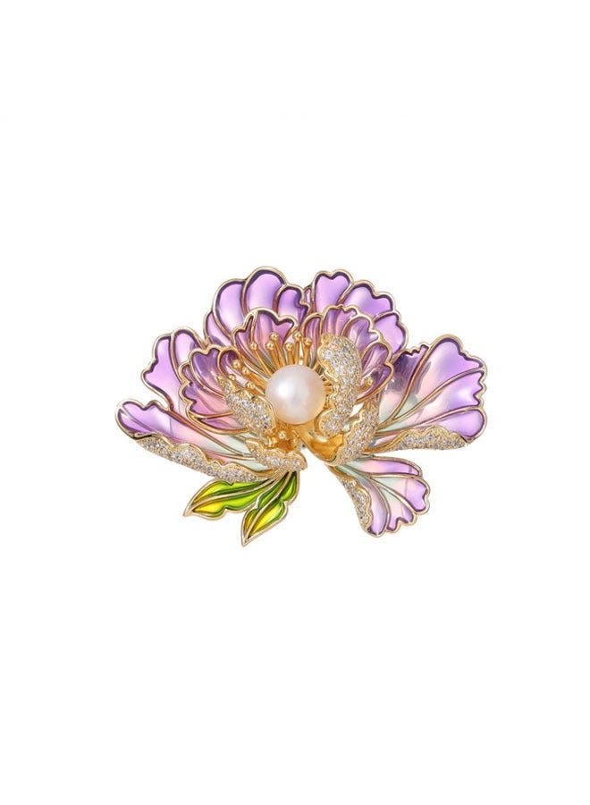 Pearl Enamel Lotus Flower Brooch  - Image 1