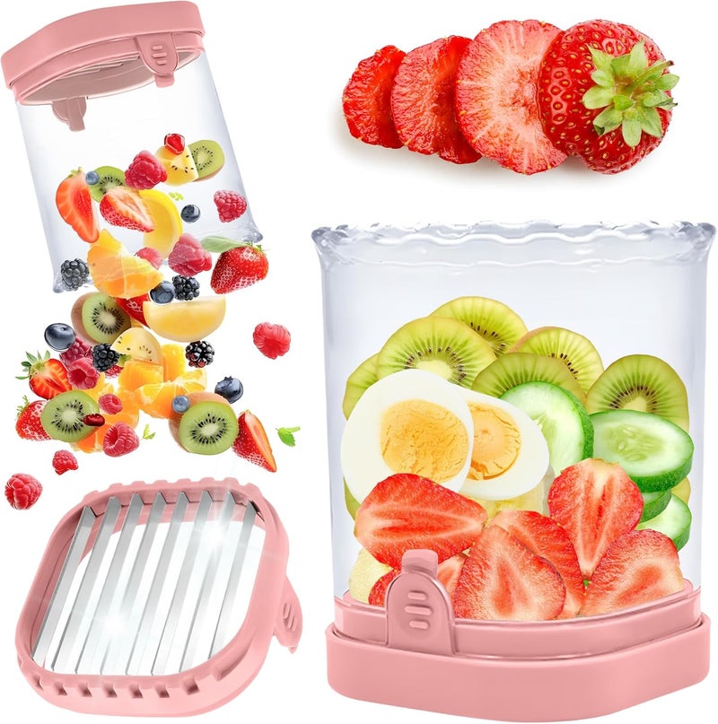 ANSOTHIN Strawberry Slicer Cup with Push Plate, Fruit Cutter Kitchen Gadget for Egg, Kiwi, Banana, Cucumber, Easy Fruit & Vegetable Slicer, Strawberry Cutter Tool for Quick Safe Cutting (Pink) - Image 1