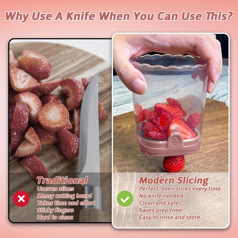 ANSOTHIN Strawberry Slicer Cup with Push Plate, Fruit Cutter Kitchen Gadget for Egg, Kiwi, Banana, Cucumber, Easy Fruit & Vegetable Slicer, Strawberry Cutter Tool for Quick Safe Cutting (Pink) - Image 3