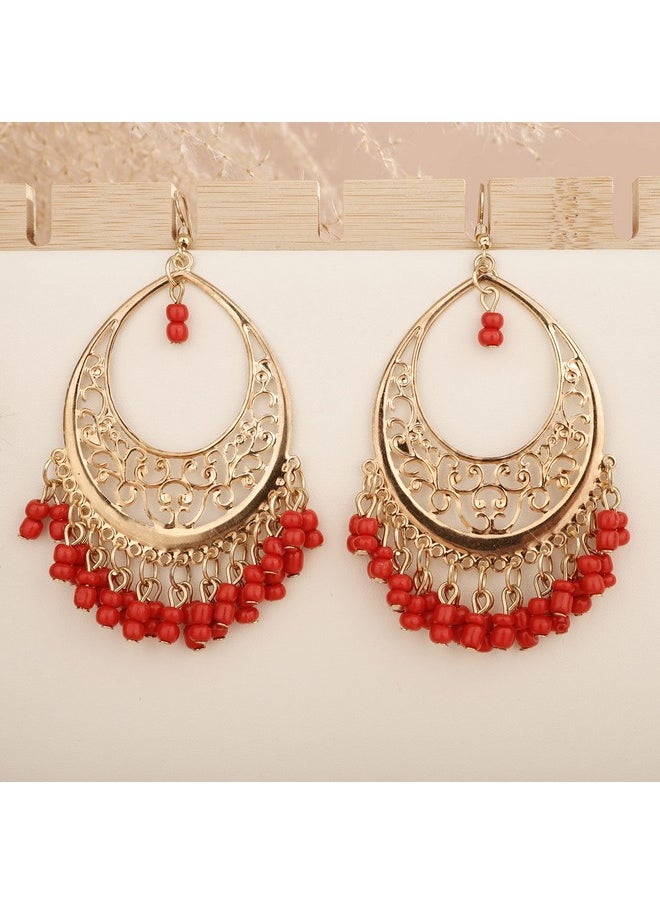 YERTTER Vintage Gold Dangle Earrings Red Beads Tassel Dangle Hollow Vintage Lightweight Hoop Earring Bohemian Hook Earrings Ethnic Style Accessories For Women Girls（Red）  - Image 4