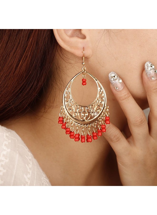 YERTTER Vintage Gold Dangle Earrings Red Beads Tassel Dangle Hollow Vintage Lightweight Hoop Earring Bohemian Hook Earrings Ethnic Style Accessories For Women Girls（Red）  - Image 1