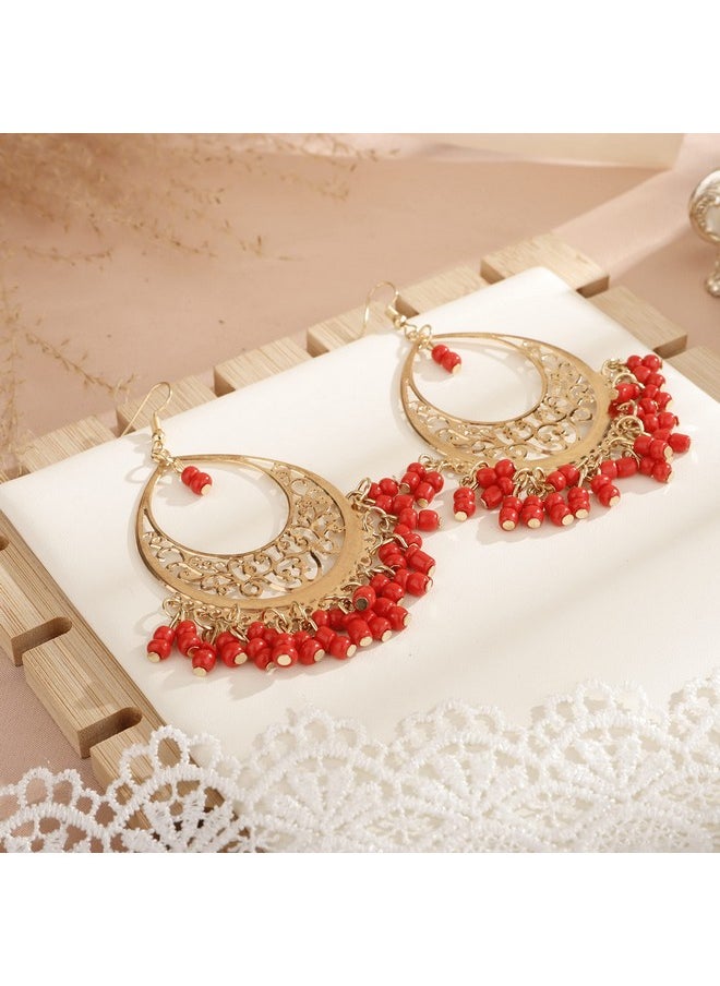 YERTTER Vintage Gold Dangle Earrings Red Beads Tassel Dangle Hollow Vintage Lightweight Hoop Earring Bohemian Hook Earrings Ethnic Style Accessories For Women Girls（Red）  - Image 5