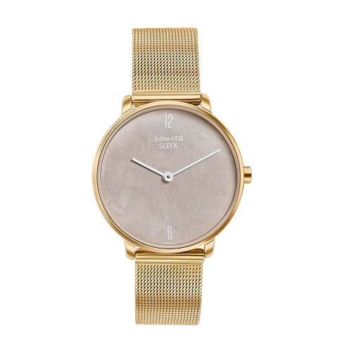 Sonata Sleek Light Yellow Dial Stainless Steel Strap Analog Watch for Women-8191YM01 - Image 1