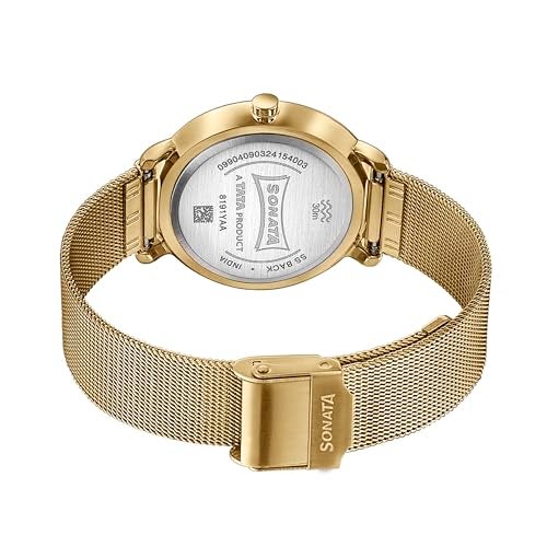 Sonata Sleek Light Yellow Dial Stainless Steel Strap Analog Watch for Women-8191YM01 - Image 2