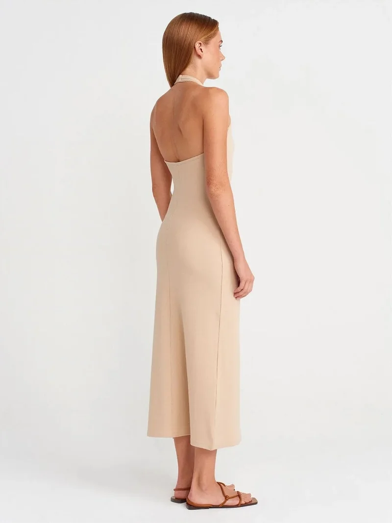 ديلفين Dilvin Ribbed Halter Midi Dress With Slit