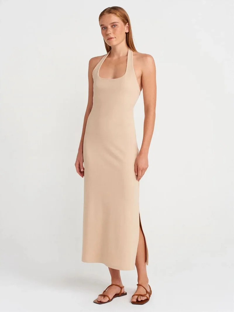 ديلفين Dilvin Ribbed Halter Midi Dress With Slit
