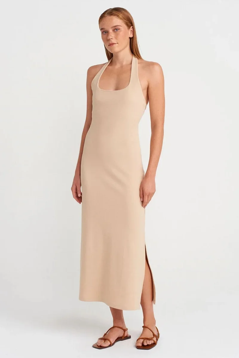 DILVIN Ribbed Halter Midi Dress With Slit