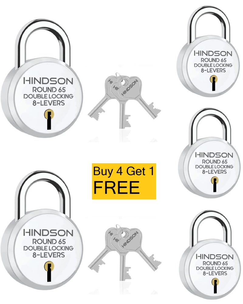 HINDSON Lock Round 65mm with 3 Key, Steel Double Locking, 8 Lever Padlock for Door, Gate, Shutter (Silver Finish, Pack of 5) - Image 1